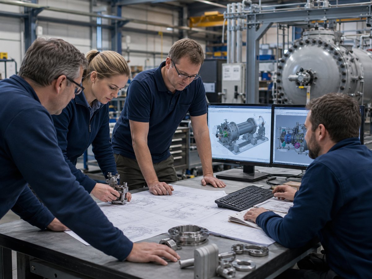 Team reviewing CAD models and fabrication drawings